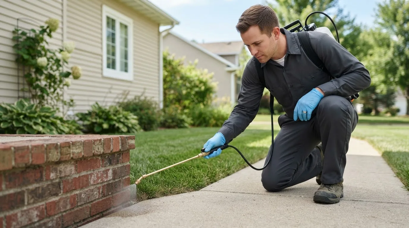 Pest control technician treating a home near Litchfield, NE