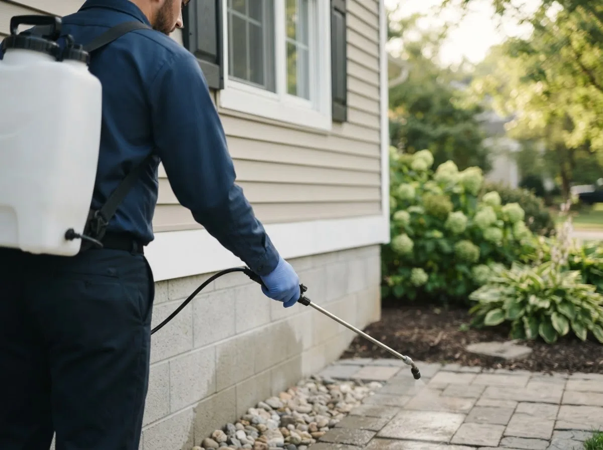 Pest control technician inspecting a home in Litchfield, NE